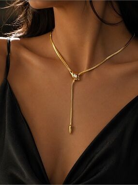 Gold Snake Lariat Necklace w/ Crystal Accent Statement Cha